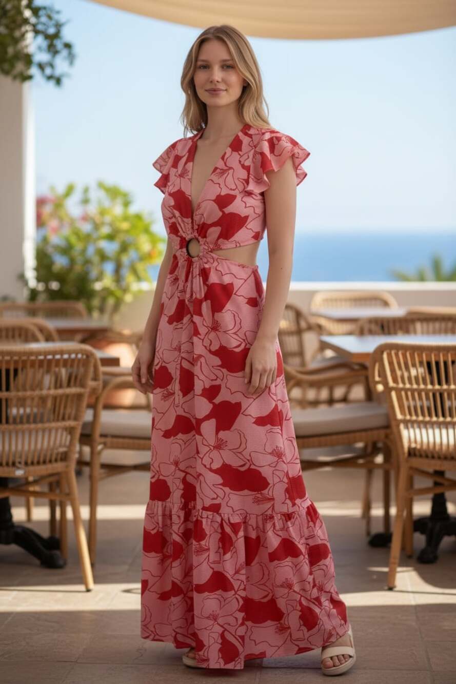Sugar Lips Red Pink  Cutout Maxi Dress Boho Resort Vacation Flutter Sleeve